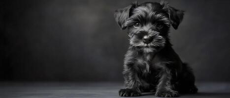 A small, black Miniature Schnauzer puppy with a soft, curly coat sits on a dark background. Its big, round eyes and tiny white beard give it an adorable and innocent expression. photo