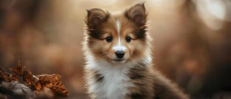 Shetland Sheepdog puppy. It has a brown and white coat, big round eyes, and perky ears. The puppy is sitting in a forest setting with fallen leaves around it. photo