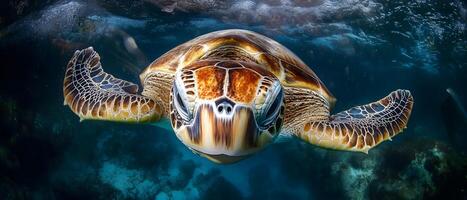 A close-up of a sea turtle swimming underwater, looking directly at the camera with its large, dark eyes. photo
