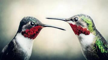 A macro shot captures two hummingbirds in stunning detail, their iridescent feathers and delicate features highlighted against a soft, blurred background photo