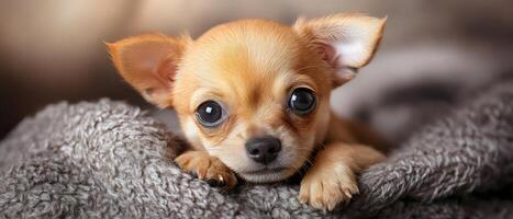 A tiny Chihuahua puppy with big, round eyes. Its fur is a light brown color, and its ears are perked up. The puppy is resting on a soft gray blanket. photo