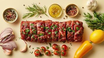 a large piece of meat sitting on top of a table photo