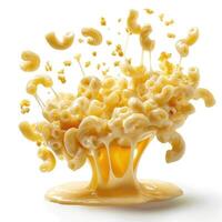 macaroni and cheese falling into a yellow liquid photo