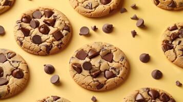 a close up of chocolate chip cookies on a yellow background photo