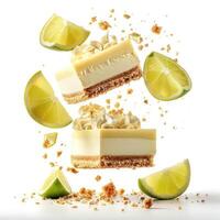 a slice of cake surrounded by lime slices photo