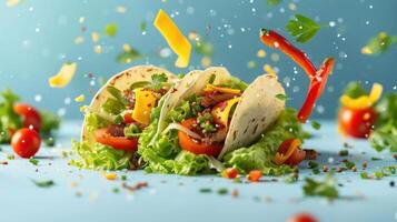 a group of tacos with lettuce and tomatoes photo