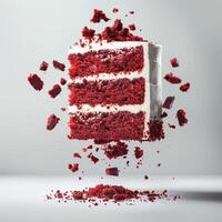a slice of red velvet cake with white frosting photo