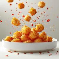 a white bowl filled with fried food on top of a table photo