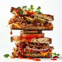 a stack of sandwiches with meat, cheese, tomatoes, and pickles photo