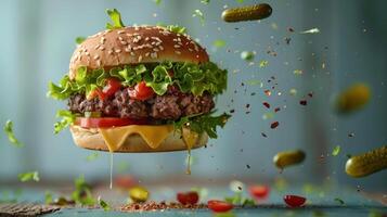 a hamburger with lettuce, tomato, and cheese falling into the air photo