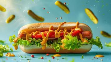 a hot dog covered in ketchup and mustard photo