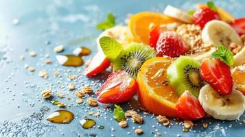a close up of a fruit salad on a blue surface photo
