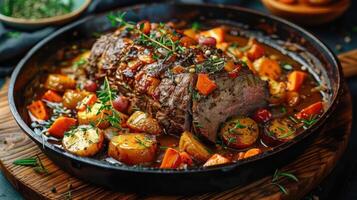 a pot roast with carrots, potatoes and herbs photo