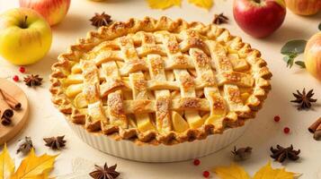 a pie sitting on top of a table next to apples photo