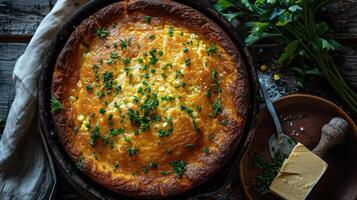 a baked dish with cheese and herbs on a wooden table photo