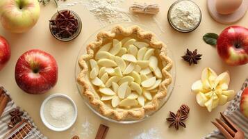 a pie sitting on top of a table covered in apples photo