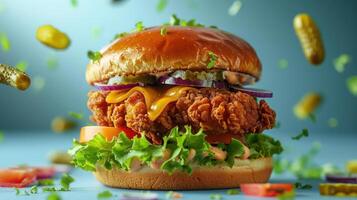a chicken sandwich on a bun with lettuce and tomatoes photo