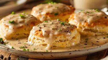 a plate of biscuits and gravy with a glass of milk photo