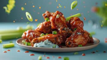 a plate of chicken wings with blue sauce and celery photo
