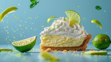 a slice of lime pie with whipped cream and limes around it photo