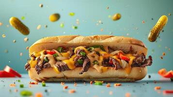 a sandwich with meat, cheese, and vegetables on it photo
