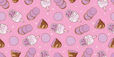 Boba taro seamless pattern backgrounds vector