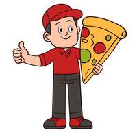 Pizza Courier Smiling and Holding Pizza with Thumbs Up vector