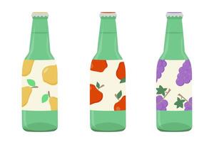 Fruit lemonade in green glass bottles. Carbonated soft drinks and beverages with bubbles. Cartoon flat illustration isolated on white background vector