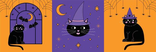 Halloween-themed cartoon illustrations set with cute black cat sitting on window with spider web and bats. Halloween spooky cat in witch hat sticker elements vector
