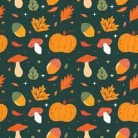 Seamless autumn pattern design with pumpkins, mushrooms, leaves, acorns, leaf elements. Fall season illustration for wrapping paper, textile, background, wallpaper vector