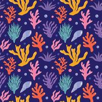 Seamless pattern design with underwater sea and ocean plants, coral, seaweed, algae, abstract colorful cartoon funky groovy illustration for wrapping paper, fabric, wallpaper decoration vector