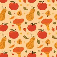 Seamless autumn pattern design with pumpkins, mushrooms, leaves, apple, leaf elements. Fall season illustration for wrapping paper, textile, background, wallpaper vector