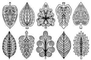 Abstract line art ornamental leaf decorative design elements. Zectangle linear patterned, stylized tangle leaves. Boho hand drawn tribal leaves illustrations collection, isolated on white background. vector