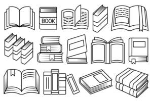 Line art books icon set. Books in different position, opened, closed, side by side, on top of each other. Book outline illustration collection with black thin line vector