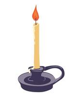 Medieval style candlestick with burning candle. Halloween elements in flat form. Element for mystical witch ritual, attribute of magic ritual on white background. Clipart for Day of the Dead. vector