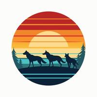 Wolves Retro Silhouette with Sunset on the Beach vector