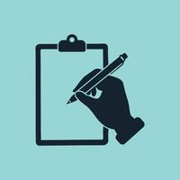 A Hand is Writing on A Clipboard Check List, Examination Paper and Pen Flat Icon vector