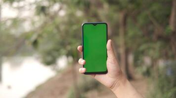 Green screen on smartphone in hand with blurred background video