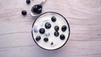 Blueberries in a bowl with yogurt on a wooden table video