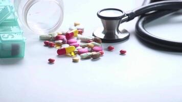 A stethoscope and pills on a table video