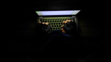 A person is typing on a laptop computer in the dark video
