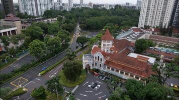 An aerial view of a city with a church and a road video