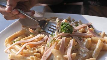A person is eating a plate of pasta with meat and cheese video