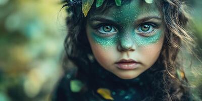 cute portrait of a toddler with Halloween makeup in green tones. photo