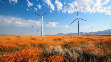modern windmills in field . photo