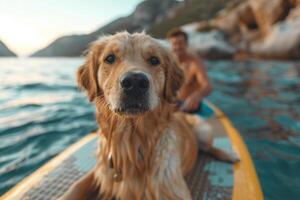 man sitting on sup board with cute dog. photo