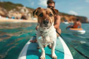 man sitting on sup board with cute dog. photo