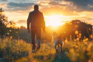 young man with his dog are running in nature. photo