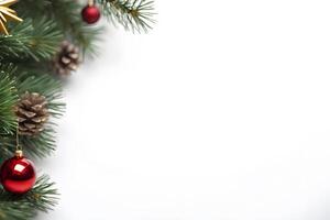 Top view layout with left blank space adorned pine tree branch decorative with shiny red ball and star on white background like snow photo