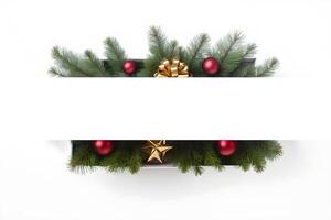 Top view layout with horizontal center blank space adorned pine tree branch, red ball, golden star and ribbon bow in the box on white background photo